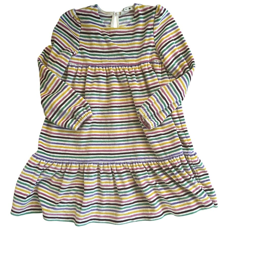 Mini boden rainbow velour striped dress tiered soft plush purple 7 8